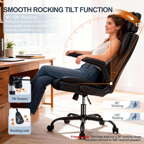 Miniatura 5 de Silla de oficina con reposacabezas ajustable, silla de escritorio ejecutiva de cuero para oficina en casa, con brazos abatibles y soporte lumbar