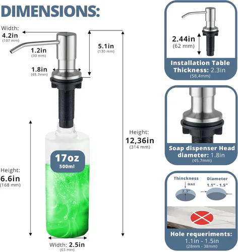 Miniatura 2 de SBEN Juego de dispensador de jabón de cocina empotrado (botella recargable grande de 17 oz incluida) - Dispensador de jabón de acero inoxidable