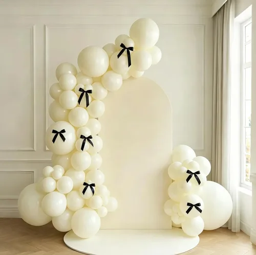 Miniatura 10 de Kit de arco de globos de 185 piezas negros y de arena de perlas doble relleno con lazos y perlas de imitación, globos negros y blancos