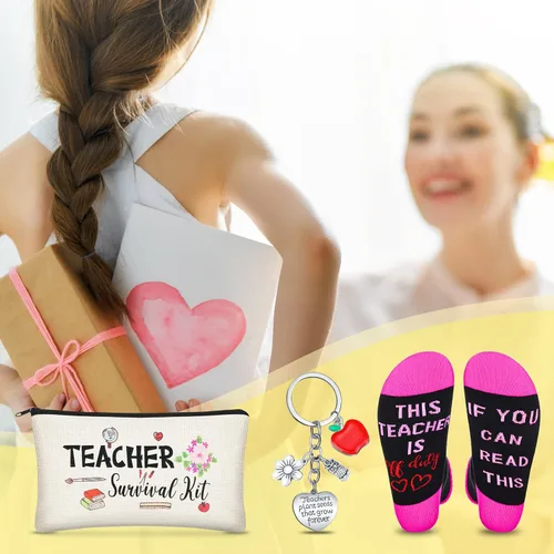 Miniatura 5 de Sureio Juego de 9 piezas de regalo de agradecimiento a los profesores, bolsas de supervivencia de flores, calcetines divertidos y llaveros