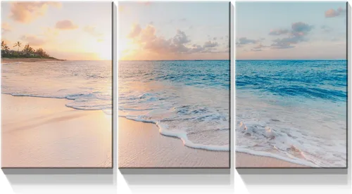 Denozer - Lienzo decorativo de 3 paneles para decoración del hogar, mar azul, puesta de sol y playa, pintura blanca, impresión sobre lienzo, paisaje