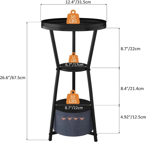 Miniatura 3 de Yusong Mesa auxiliar redonda, mesa pequeña para bebidas para espacios pequeños, mesa auxiliar industrial de 3 niveles, mesita de noche decorativa