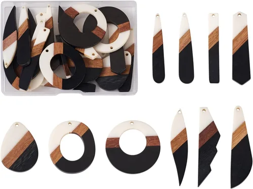 Miniatura 9 de Beadthoven - Dijes de madera de resina para bricolaje, colgantes de aretes de lágrima multicolor, triángulo, círculo redondo, rombo, barra