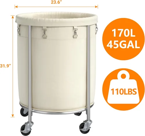 Miniatura 2 de ELYKEN Cesta de lavandería con ruedas, cesta de lavandería rodante de 170L con bolsa extraíble y marco de acero, carrito de lavandería redondo con 4