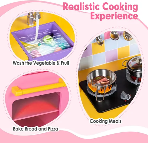 Miniatura 4 de BRINJOY Juego de cocina para niños, cocina de madera para niños con grifo, fregadero, estufa, horno, cortinas, utensilios de cocina, armarios