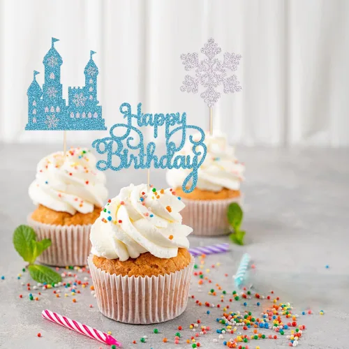Miniatura 2 de Decoración de pastel de cumpleaños de castillo congelado, 3 piezas de decoración de pastel temático de invierno del país de las maravillas