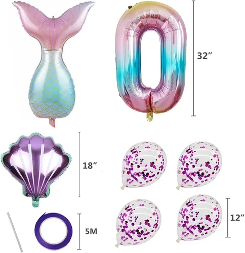 Miniatura 2 de 7 globos de sirena con números para fiesta de cumpleaños de 1, 2, 3, suministros de decoración de cola de sirena para niñas (número 0)