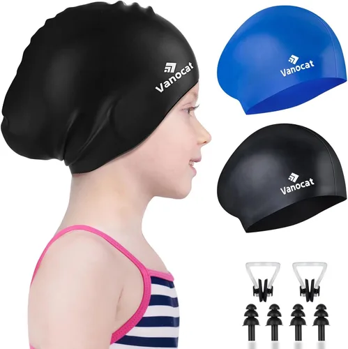 2 paquetes de gorras de natación para niños para cabello largo/corto, gorro de natación unisex de silicona para niños de 3 a 15 años, niños