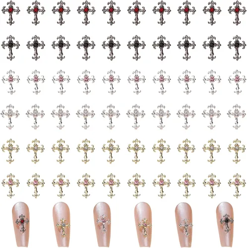 Dijes de cruz 3D, 60 piezas de decoración de uñas de cruz de cristal dorado y plateado para arte de uñas, dijes de cruz de diamantes de imitación de