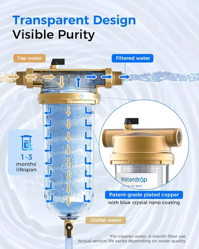Miniatura 6 de Waterdrop Filtro de sedimentos Mega Spin Down, sistema de filtro de agua reutilizable para toda la casa con mayor capacidad, 2 en 1 doble filtración