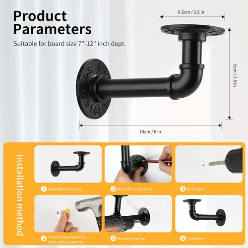 Miniatura 3 de Soporte de estante de tubo de 1/2 pulgada, soporte de estante flotante montado en la pared, soporte de metal colgante de pared punk de vapor