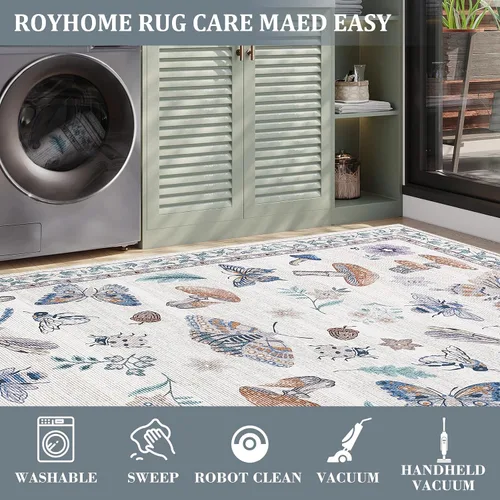 Miniatura 8 de ROYHOME - Alfombra con diseño de hongos e insectos, para pasillos, cocina o baño, antideslizante, lavable, suave, larga, 2 x 6, beige