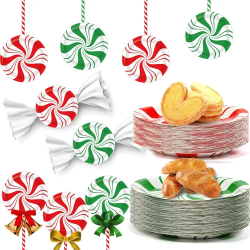 Miniatura 14 de 80 piezas de platos de papel de Navidad de menta de 7 pulgadas, platos desechables de postre de Navidad, dulce de menta, feliz año nuevo
