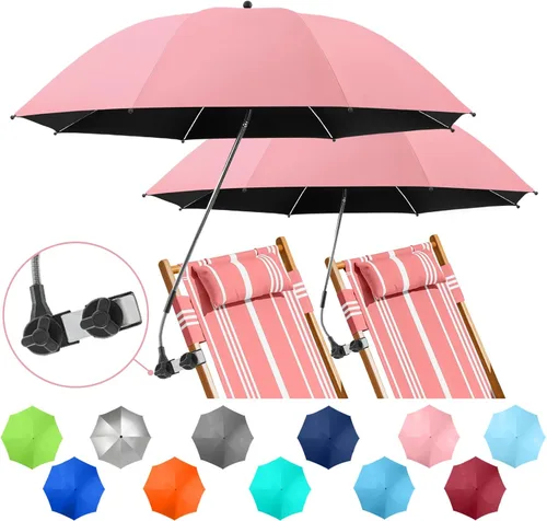 Miniatura 16 de Paquete de 2 paraguas de playa con abrazadera, paraguas ajustable de 360° para silla, paraguas UPF50+ para silla de playa, silla de patio, silla