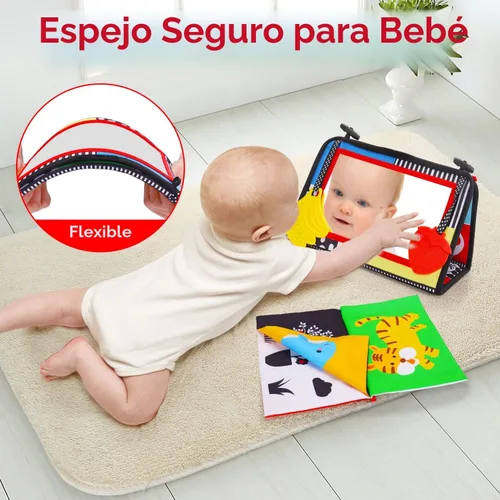Miniatura 4 de Espejo para bebé Tummy Time, juguetes para bebés recién nacidos de 0 a 3 meses, desarrollo cerebral con libro de tela arrugada, mordedor