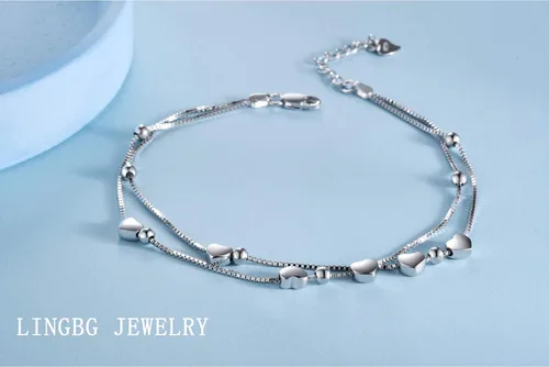 Miniatura 5 de LINGBG JEWELRY Pulseras en capas de plata de ley 925, pulseras de amor con corazón, pulseras de estrella para mujer, pulseras de doble hebra
