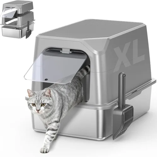 Miniatura 10 de WoofiGo Caja de arena cerrada de acero inoxidable para gatos con tapa, caja de arena extra grande XL para gatos grandes, bandeja de arena de metal