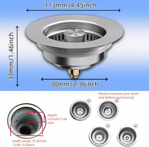 Miniatura 6 de Colador de drenaje de fregadero de cocina 3 en 1, tapón universal de acero inoxidable para fregadero de cocina, antiobstrucción para colador de 1