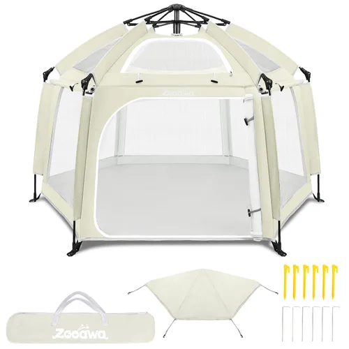 Corralito desplegable para bebé, corralito portátil para bebés y niños pequeños con sombras extraíbles y 2 cubiertas UV laterales, corralito ligero
