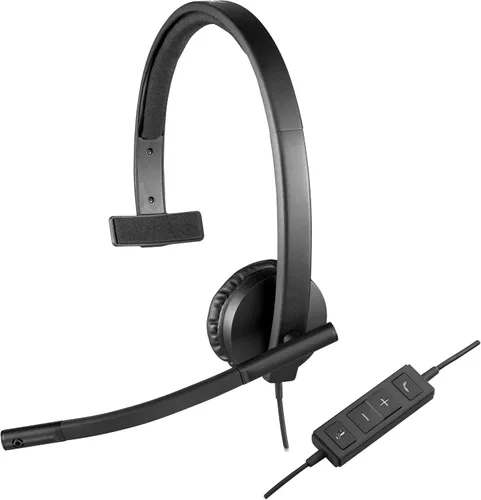 Logitech H570e Auriculares con cable, auriculares mono con micrófono con cancelación de ruido, USB, controles en línea con botón de silencio,