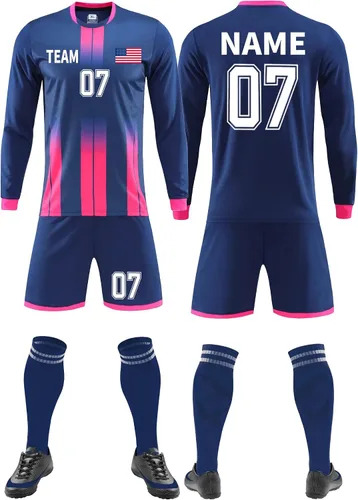 VIPOKO Personalizar camiseta de fútbol pantalones cortos de manga larga para hombres y niños Número de nombre personalizado uniforme de equipo de