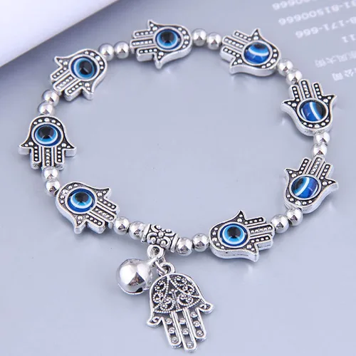 Miniatura 3 de Zeshimb Pulsera Hamsa de ojo turco con cuentas de cristal, pulsera de mano de Fátima elástica lateral con ojo azul Hamsa, pulsera turca de mal