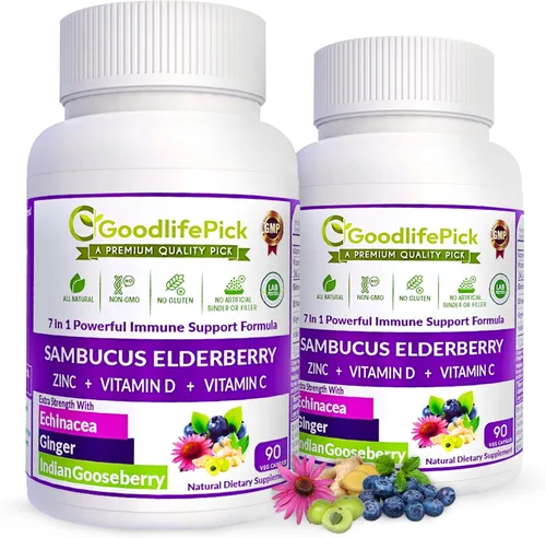 7 veces saúco con zinc, vitamina C, vitamina D, equinácea, jengibre y grosella espinosa india (Amla). Cápsulas de saúco prémium de 90 unidades,
