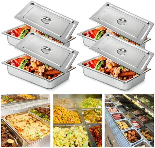 Miniatura 6 de LOYALHEARTDY Paquete de 4 bandejas de mesa de 4 pulgadas de profundidad de tamaño completo, sartén de acero inoxidable para hotel con tapas, Bandeja