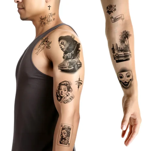 Miniatura 6 de Los Vatos Chicano Bundle - Tatuajes temporales Cholo y Chola para hombres y mujeres, Payasa, Lowrider, Virgen María, Oración, Cruz, Chicana