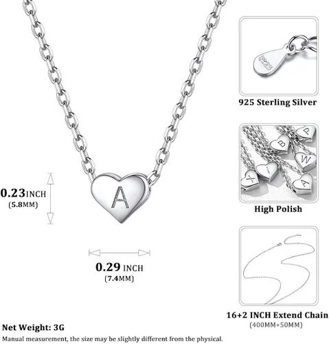 Miniatura 4 de ChicSilver Collares de plata de ley 925 con inicial de corazón para mujeres y niñas, delicado collar con dije de corazón personalizado con letra