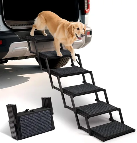 Miniatura 9 de Escaleras plegables para perros grandes, con superficie antideslizante, rampa ligera con capacidad para hasta 250 libras, 5 escalones