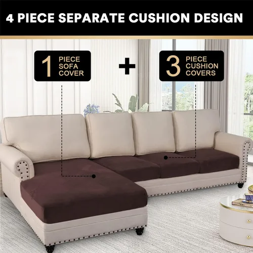 Miniatura 3 de PrinceDeco Fundas para sofá modular, 4 piezas, fundas de cojín separadas de terciopelo para sofá, en forma de L para diván seccional Marrón
