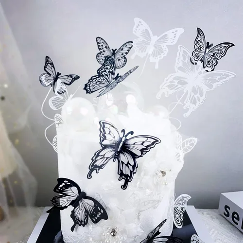 Miniatura 5 de Ercadio Paquete de 36 adornos de mariposa 3D para tartas de mariposa en blanco y negro de PVC para tartas de mariposa, estilo mixto, arte hueco