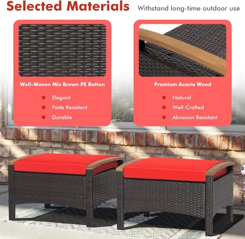 Miniatura 5 de Tangkula Otomanas de ratán de 2 piezas, reposapiés de mimbre para exteriores con asas de madera de acacia, cojines suaves con cremallera, reposapiés