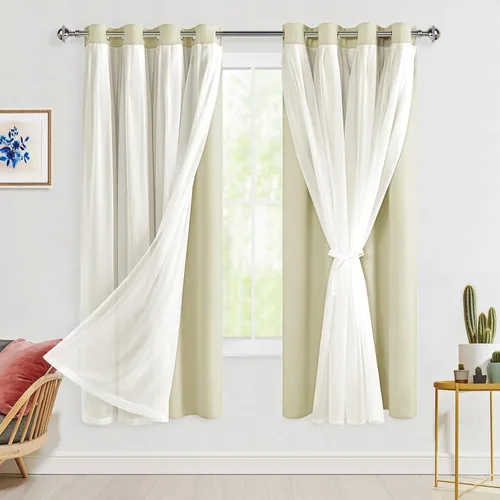 Miniatura 38 de Hiasan Cortinas opacas con superposición transparente, aislamiento térmico para mezclar y combinar de doble capa, cortinas de oscurecimiento de Beige