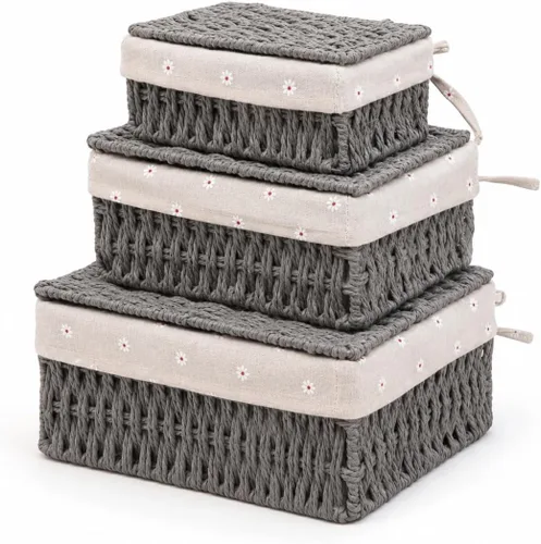 Cestas de almacenamiento con tapas, juego de 3, cestas de mimbre tejidas anidables, cestas decorativas con tapa para estantes, dormitorio, baño, Gris