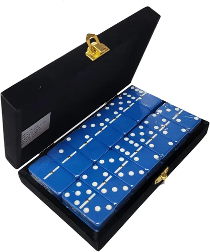 Marion Dominó doble 6 azul de tamaño jumbo de torneo profesional con giradores en elegante caja de terciopelo negro.