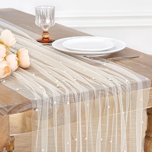 Miniatura 21 de LuoluoHouse Camino de Mesa de Perla para Centros de Mesa de Boda: Camino de Mesa de Perla de 10 pies, Decoración de Mesa de 29x120 Pulgadas de Tul