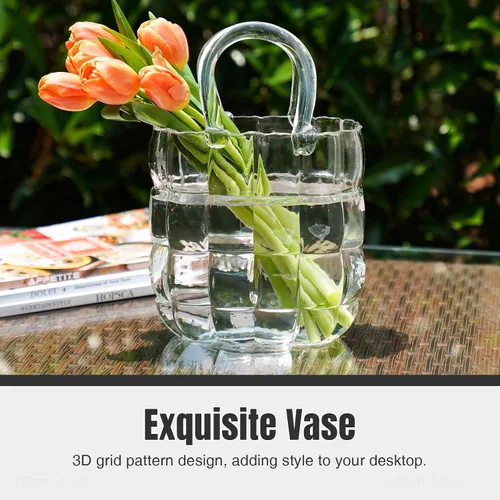 Miniatura 3 de NiHome Florero de cristal transparente con asa para flores, decoración de casa de campo, hecho a mano, jarrón de cristal de boca ancha para oficina