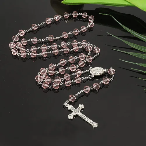 Miniatura 8 de Nazareth Store Rosa claro Cuentas de cristal Rosario Collar católico Medalla del Suelo Santo y Crucifijo Marca Bolsa de terciopelo
