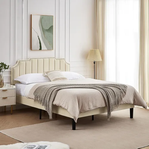 Miniatura 8 de VECELO Base de cama tapizada de terciopelo tamaño Queen con ribete de clavos, cabecera ajustable en altura copetuda, cama vintage con listones