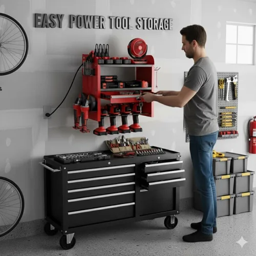 Miniatura 5 de KSVO Organizador de herramientas eléctricas para montaje en pared con estante de taladro y cajones de bloqueo, estante de herramientas de metal Rojo
