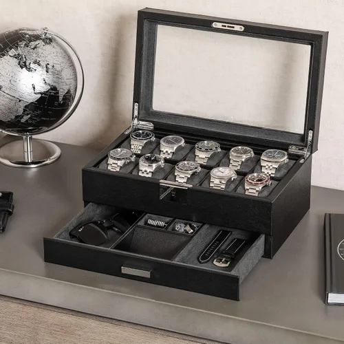 Miniatura 18 de ROTHWELL Caja de reloj de cuero de 10 ranuras con cajón de valet, organizador de exhibición de lujo con forro de microgamuza ultrasuave, soporte