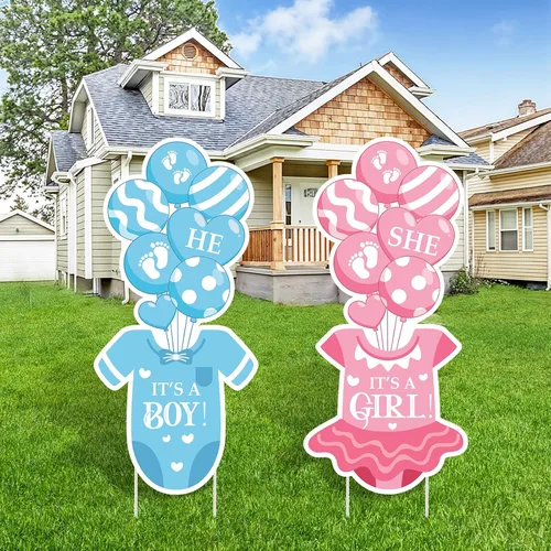 Miniatura 11 de 2 juegos de letreros de plástico para baby shower con estacas, decoraciones al aire libre para revelación de género, azul y rosa, letrero de patio