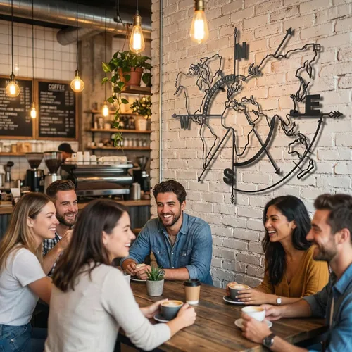 Miniatura 7 de DEKADRON Brújula de arte de pared con mapa del mundo de metal, mapa del mundo sin bordes, decoración de pared de metal, letrero de metal, colgantes