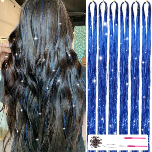 Miniatura 15 de Kit de oropel para el cabello con herramientas de 47 pulgadas, 1200 hebras de extensiones de cabello de oropel con purpurina, kit de mechones