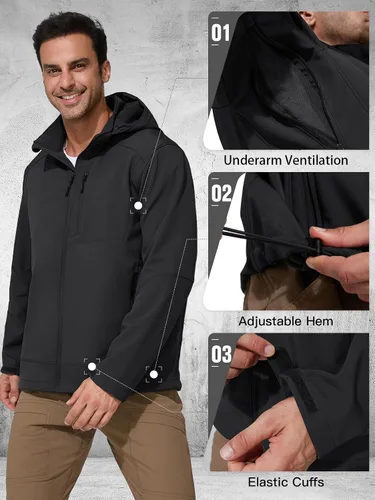 Miniatura 5 de FREE SOLDIER Chaqueta ligera con capucha impermeable para hombre, con forro polar, para invierno, con capucha, resistente al agua, para senderismo