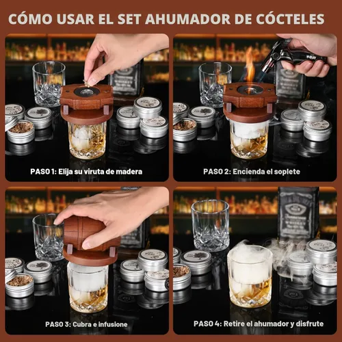 Miniatura 3 de Kit de ahumador de whisky con antorcha, sin butano, chips de madera de 6 sabores, 2 vasos de whisky, 2 moldes redondos para cubitos de hielo, kit