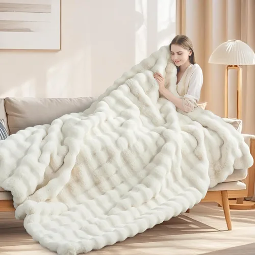 Miniatura 8 de Touchat - Manta de lujo de 1000GSM de pelo sintético de conejo, cobija súper pesada y cálida y acogedora para sofá, cama, sillón, esponjosa, Blanco