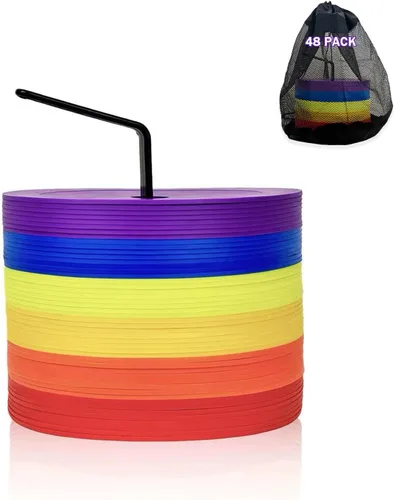 Ashsajkd Paquete de 48 conos planos de fútbol de 6 pulgadas, marcadores antideslizantes multicolor con agujeros, conos planos para entrenamiento